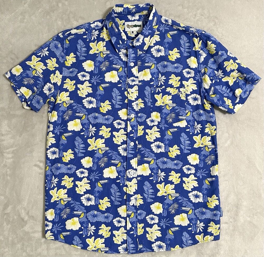 Tipsy Elves Men's L Blue Toucan Floral Hawaiian Shirt Button Up - Picture 1 of 7